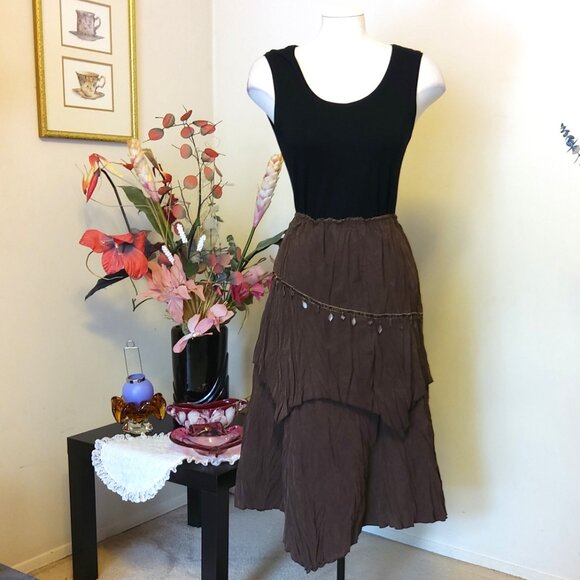 NWT Women Brown 2-Layers of Tiered Lined Elastic High Waist Asymmetrical Skirt - Picture 4 of 14